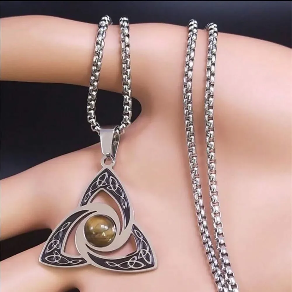 Viking Trinity Knot Necklace Stainless Steel Tiger Eye Witch‎ Irish Celtic